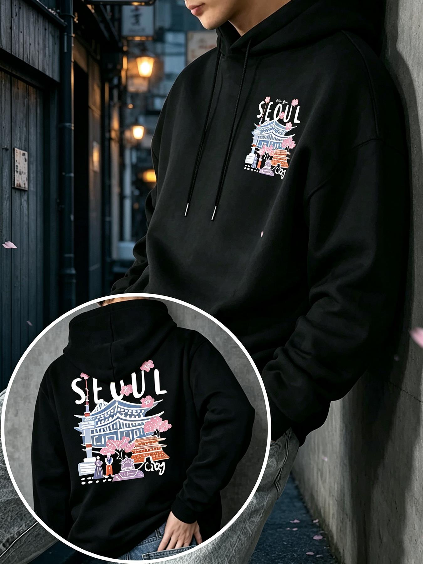 Winter Clothing English - Bluza z nadrukiem krajobrazu Seulu, męska,