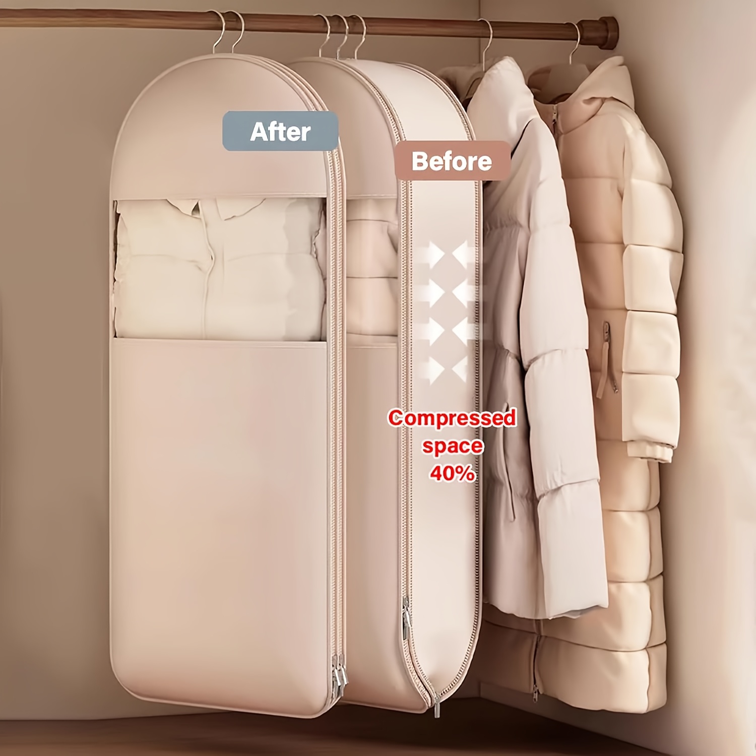 Winter Clothing Storage - Beżowa torba kompresyjna do zawieszenia, oszczędność